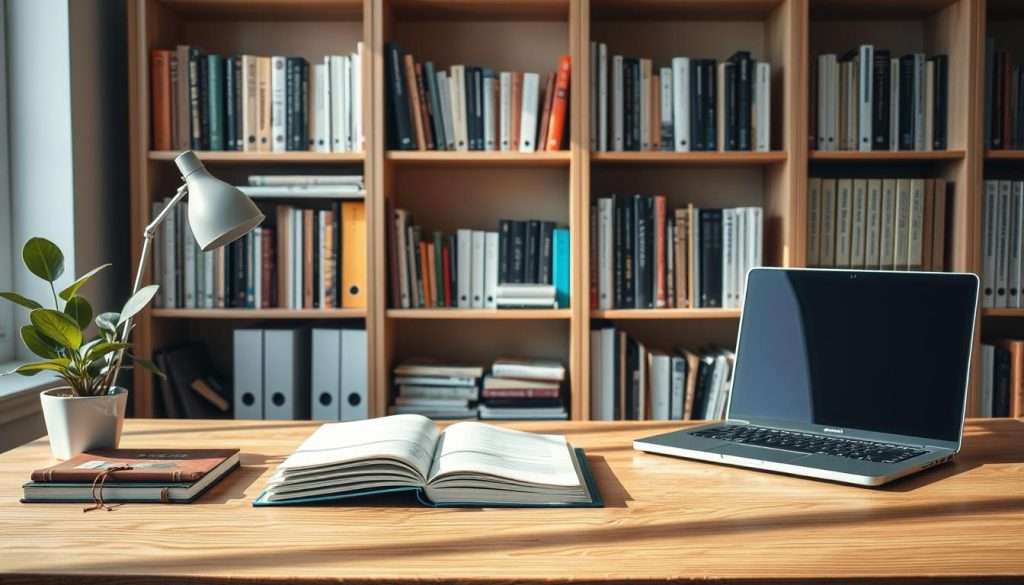 A well-organized personal workspace with a wooden desk, a laptop, a few books, and a small plant. The background features a minimalist bookshelf filled with various reference materials. Soft, natural lighting illuminates the scene, creating a serene and focused atmosphere. The overall composition emphasizes the importance of a structured and intentional approach to personal knowledge management, as suggested by the Zettelkasten method. A well-organized personal workspace with a wooden desk, a laptop, a few books, and a small plant. The background features a minimalist bookshelf filled with various reference materials. Soft, natural lighting illuminates the scene, creating a serene and focused atmosphere. The overall composition emphasizes the importance of a structured and intentional approach to personal knowledge management, as suggested by the Zettelkasten method.