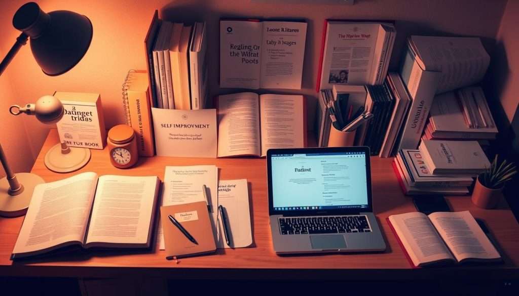 A well-organized workspace with a desk, laptop, and various self-improvement resources such as books, journals, and digital devices. The scene is bathed in warm, soft lighting, creating a cozy and focused atmosphere. The items are carefully arranged, reflecting a sense of intention and purpose. The overall composition conveys a balance between digital and analog learning materials, symbolizing a holistic approach to self-education. The clean, minimalist design and muted color palette contribute to a serene and productive environment. A well-organized workspace with a desk, laptop, and various self-improvement resources such as books, journals, and digital devices. The scene is bathed in warm, soft lighting, creating a cozy and focused atmosphere. The items are carefully arranged, reflecting a sense of intention and purpose. The overall composition conveys a balance between digital and analog learning materials, symbolizing a holistic approach to self-education. The clean, minimalist design and muted color palette contribute to a serene and productive environment.