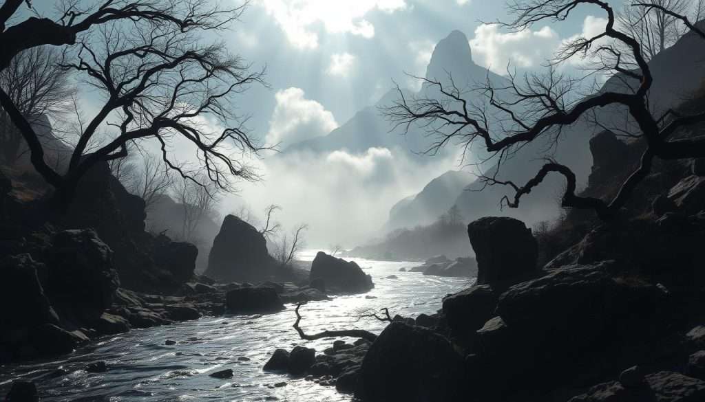 An abstract landscape depicting obstacles blocking the flow of energy. In the foreground, jagged rock formations and twisted tree branches obstruct a winding river, casting long shadows across the scene. The middle ground features a hazy, dreamlike atmosphere with swirling mists obscuring the view. In the background, a towering mountain range looms, its peaks shrouded in cloud cover. The lighting is moody and dramatic, with beams of sunlight piercing through the mist, creating a sense of tension and challenge. The overall composition conveys a sense of the difficulties and impediments one must overcome to achieve a state of flow.