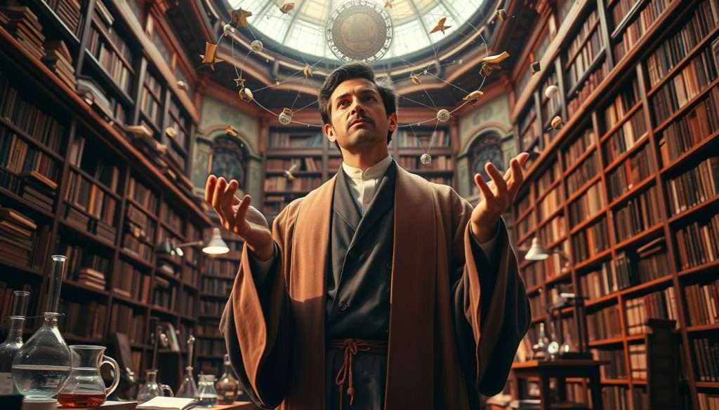An erudite polymath stands amidst a harmonious confluence of disciplines, their gaze contemplative and assured. The foreground depicts a figure clad in scholarly robes, their hands gesturing towards a constellation of books, scrolls, and scientific implements that orbit them in an elegant celestial dance. The middle ground reveals a laboratory setup, beakers and apparatus testifying to their mastery of the empirical sciences. In the background, a grand library unfurls, its towering shelves laden with the accumulated knowledge of the ages. Warm, diffused lighting casts a contemplative glow, while the camera's angle conveys a sense of reverence and admiration towards this paragon of interdisciplinary excellence. An erudite polymath stands amidst a harmonious confluence of disciplines, their gaze contemplative and assured. The foreground depicts a figure clad in scholarly robes, their hands gesturing towards a constellation of books, scrolls, and scientific implements that orbit them in an elegant celestial dance. The middle ground reveals a laboratory setup, beakers and apparatus testifying to their mastery of the empirical sciences. In the background, a grand library unfurls, its towering shelves laden with the accumulated knowledge of the ages. Warm, diffused lighting casts a contemplative glow, while the camera's angle conveys a sense of reverence and admiration towards this paragon of interdisciplinary excellence.