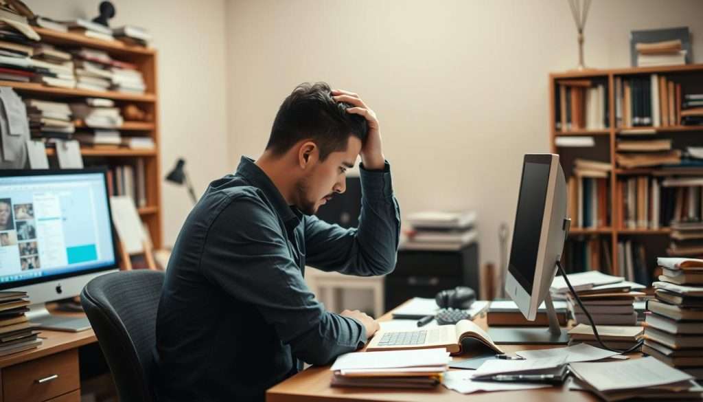 An organized workspace with a computer, books, and notes scattered around, symbolizing the struggle to manage information overload. The scene is bathed in a warm, soft light, creating a contemplative atmosphere. In the foreground, a person sits at the desk, hand on their head, deep in thought, trying to find a way to prioritize and organize the wealth of knowledge before them. The background features shelves filled with more books and papers, suggesting the endless flow of information that can overwhelm the individual. The overall mood conveys the challenge of maintaining focus and clarity amidst the constant influx of data in the pursuit of lifelong learning. An organized workspace with a computer, books, and notes scattered around, symbolizing the struggle to manage information overload. The scene is bathed in a warm, soft light, creating a contemplative atmosphere. In the foreground, a person sits at the desk, hand on their head, deep in thought, trying to find a way to prioritize and organize the wealth of knowledge before them. The background features shelves filled with more books and papers, suggesting the endless flow of information that can overwhelm the individual. The overall mood conveys the challenge of maintaining focus and clarity amidst the constant influx of data in the pursuit of lifelong learning.