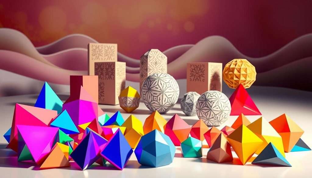 Geometry Through Art: A creative exploration of mathematical shapes, patterns, and forms, captured in a vibrant and imaginative artistic composition. In the foreground, a kaleidoscope of colorful geometric shapes, including triangles, squares, and hexagons, is arranged in a visually striking, asymmetrical layout. The middle ground features a mix of abstract, three-dimensional structures, their surfaces adorned with intricate, repeating designs that play with perspective and depth. In the background, a dreamlike landscape of fluid, organic shapes and softly blended hues creates a sense of depth and atmosphere, complementing the more structured, angular elements in the composition. Soft, diffuse lighting casts gentle shadows, adding depth and dimensionality to the scene. The overall mood is one of curiosity, creativity, and a playful engagement with mathematical concepts through the medium of art.