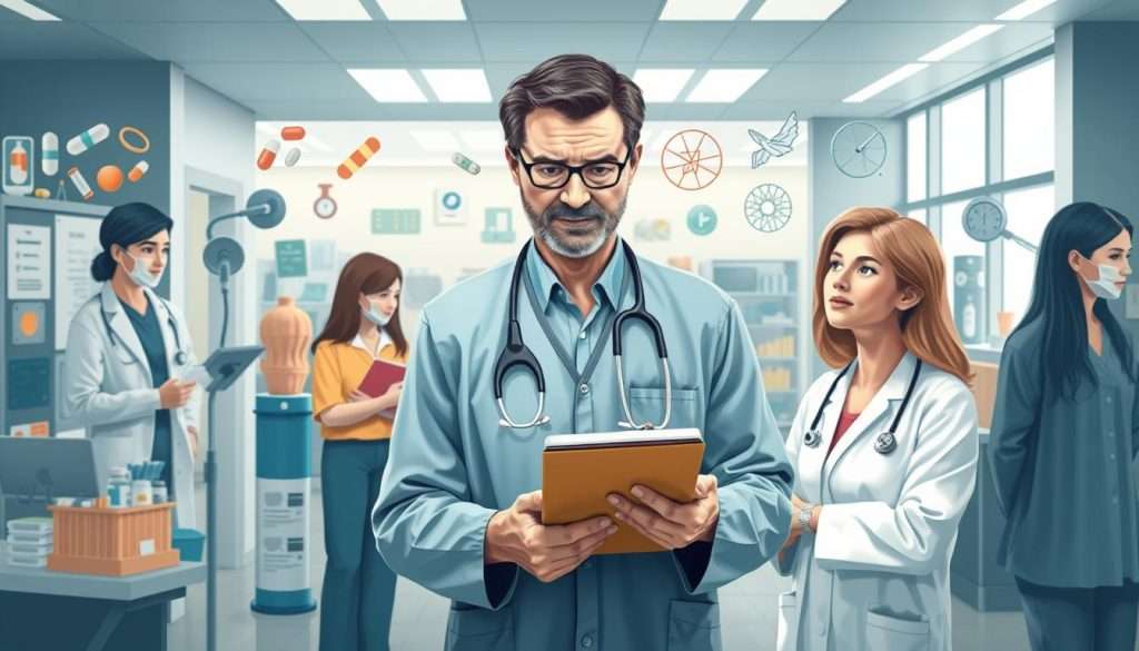 Highly detailed digital art illustration of various ADHD treatment options. In the foreground, a doctor holds a clipboard and consults with a patient. Surrounding them, a mix of healthcare professionals, therapists, and medications like pills, inhalers, and patches. In the middle ground, a variety of therapeutic tools and devices such as concentration aids, sensory integration toys, and cognitive-behavioral therapy materials. The background depicts a modern, well-equipped medical clinic with state-of-the-art equipment and facilities. The overall scene conveys a sense of comprehensive, holistic care for individuals struggling with attention deficit issues. Realistic lighting, subtle color palette, and a professional, authoritative tone.