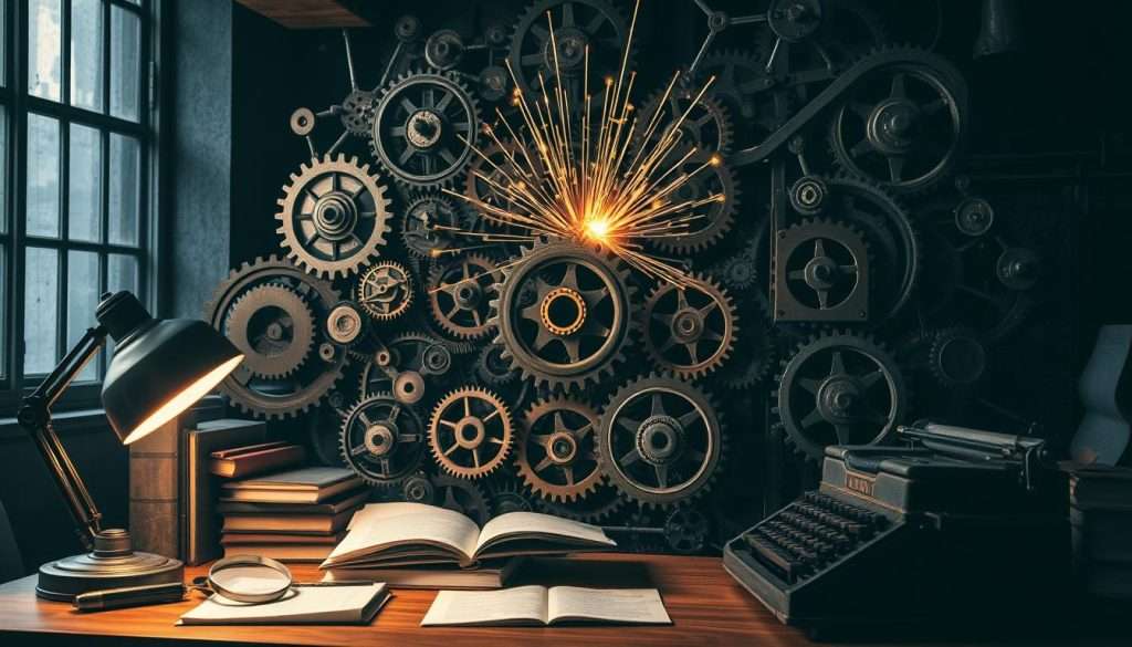 Intricate gears, cogs, and circuits intertwine in a stunning display of deductive reasoning. A steampunk-inspired workspace with a magnifying glass, books, and an old-fashioned typewriter set against a moody, industrial backdrop. Warm lighting from a desk lamp casts soft shadows, illuminating the thought process. Bursts of golden energy emanate from the center, symbolizing the spark of insight. The scene exudes a sense of intellectual curiosity, problem-solving, and a quest for knowledge. Detailed textures, subtle hues, and a touch of whimsy capture the essence of developing logical thinking skills.