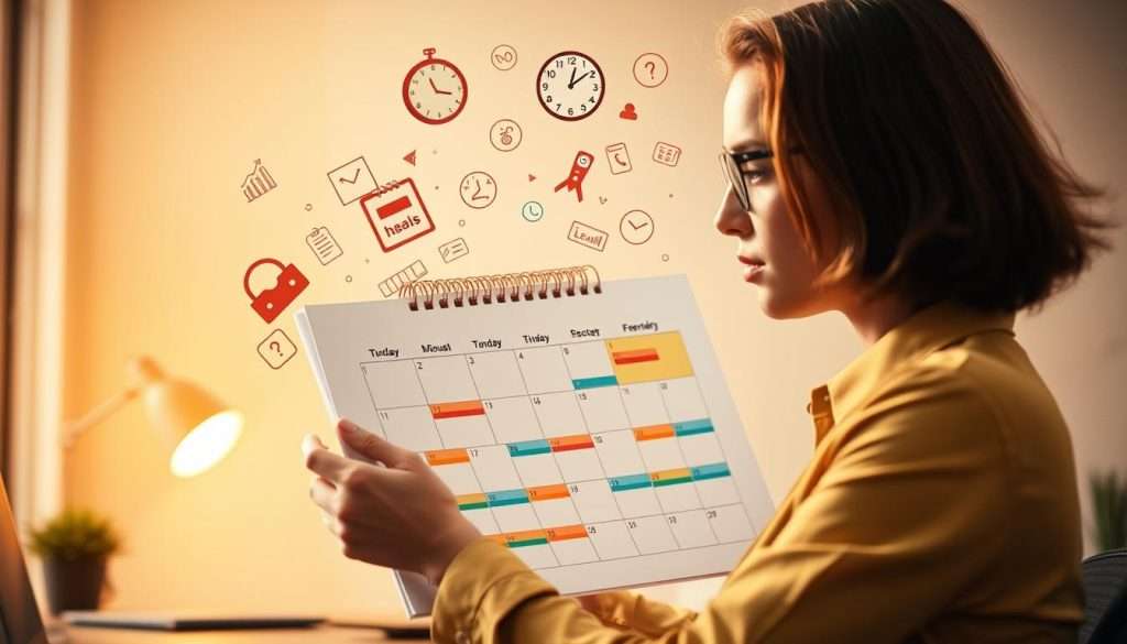 Time management skills symbolized by a person organizing a colorful calendar, with to-do lists, clocks, and productivity icons floating around. The scene is bathed in warm, golden light, conveying a sense of focus and efficiency. The background fades into a blurred, minimalist office setting, emphasizing the central figure's ability to manage their time and learning effectively. The composition is balanced, with the calendar and icons arranged in a visually appealing manner, reflecting the harmony of time management for accelerated learning.