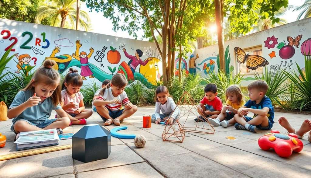 Vibrant outdoor scene with children engaged in diverse math activities. Foreground features children of various ages enthusiastically solving geometry puzzles, measuring objects with rulers, and playing with number-themed sidewalk chalk. Middle ground showcases a group of kids constructing 3D shapes from sticks and string, while in the background, a mural-covered wall provides a colorful, educational backdrop. Warm sunlight filters through lush greenery, creating a sense of playful, active learning. Crisp, high-resolution image captured with a wide-angle lens to convey a sense of inclusive, interactive exploration of mathematical concepts in a natural, engaging environment.