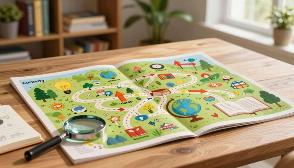 A beautifully illustrated "curiosity map" spread across a wooden table, showcasing various paths leading to vibrant icons and symbols representing different fields of knowledge—like light bulbs for ideas, globes for travel, and books for reading. In the foreground, a magnifying glass rests next to an open notebook filled with sketches and notes. The middle ground features whimsical arrows and pathways intertwining through lush greenery, symbolizing exploration and discovery. In the background, a softly blurred library bookshelf filled with colorful books and plants, creating a warm and inviting atmosphere. Soft natural lighting streams in from a nearby window, casting gentle shadows and enhancing the sense of wonder and inspiration. The mood is inviting and stimulating, encouraging a love for learning and exploration.