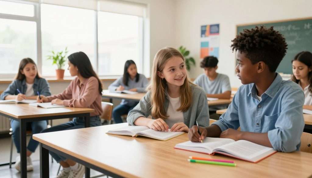 A bright and inviting classroom designed for optimal learning. In the foreground, a modern wooden table with open books and colorful stationery, emphasizing a hands-on approach to learning. The middle ground features a diverse group of students, including a Caucasian girl and an African American boy, engaged in collaborative discussion, all dressed in casual, professional attire. The background displays large windows allowing natural light to flood the space, with green plants and motivational posters on the walls. Warm, soft lighting enhances the atmosphere, creating a sense of comfort and inspiration. The angle looks slightly downward, focusing on the interaction among students while capturing the dynamic layout of the room, promoting curiosity and engagement in education.
