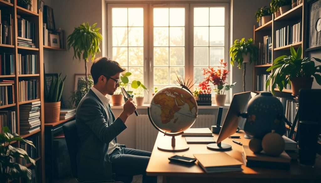 A bright and inviting scene depicting a cozy home office, filled with books, plants, and art supplies, symbolizing the essence of curiosity. In the foreground, a person wearing smart casual attire is seated at a wooden desk, intently examining a globe, with a magnifying glass in hand, reflecting a sense of wonder and exploration. The middle ground features shelves overflowing with books and vibrant plants, suggesting growth and knowledge. In the background, a large window allows warm sunlight to pour in, creating a golden glow that enhances the inviting atmosphere. The mood is uplifting and inspiring, encouraging an appreciation for learning and discovery, captured with soft focus and a wide-angle lens to emphasize the space’s warmth and charm. A bright and inviting scene depicting a cozy home office, filled with books, plants, and art supplies, symbolizing the essence of curiosity. In the foreground, a person wearing smart casual attire is seated at a wooden desk, intently examining a globe, with a magnifying glass in hand, reflecting a sense of wonder and exploration. The middle ground features shelves overflowing with books and vibrant plants, suggesting growth and knowledge. In the background, a large window allows warm sunlight to pour in, creating a golden glow that enhances the inviting atmosphere. The mood is uplifting and inspiring, encouraging an appreciation for learning and discovery, captured with soft focus and a wide-angle lens to emphasize the space’s warmth and charm.
