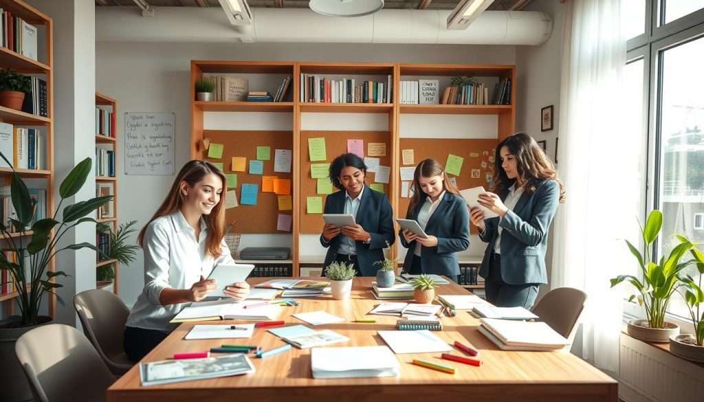 A bright and inviting study space filled with innovative study techniques that spark joy. In the foreground, a diverse group of three students, dressed in professional business attire, are engaging with various study aids: colorful flashcards, interactive digital tablets, and mind maps on a corkboard. In the middle, a large wooden table is scattered with notebooks, highlighters, and plant life for a fresh atmosphere. Natural light streams in from a large window, creating a warm and welcoming ambiance. In the background, shelves filled with books and motivational posters add depth to the scene. The overall mood is energetic and inspiring, capturing a modern approach to learning that emphasizes creativity and positivity. Use a soft-focus lens to enhance the inviting feel of the image.
