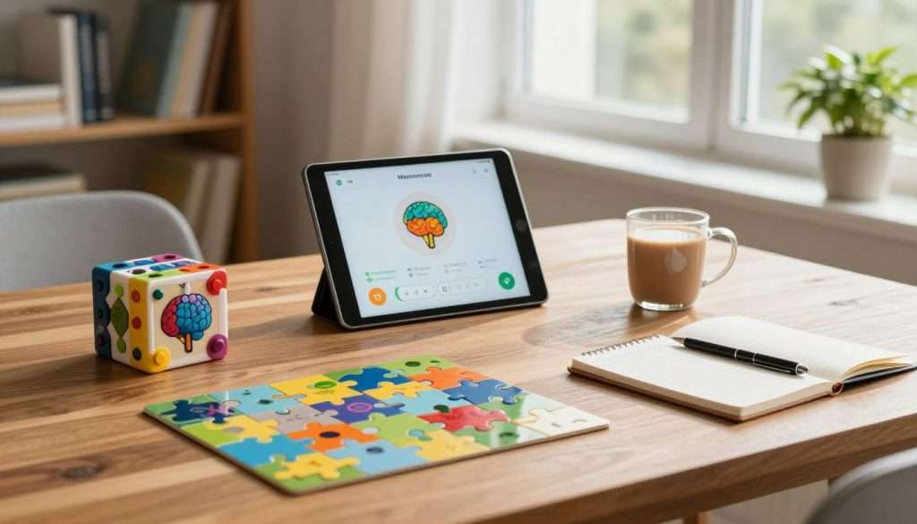 A bright, inviting workspace filled with various brain training games scattered across a polished wooden table. In the foreground, a colorful puzzle with intricate pieces and a brain teaser game, alongside a notepad with a pen, suggesting active engagement. In the middle, a sleek tablet displaying a memory app, radiating a soft glow, and a mug filled with a refreshing beverage to create a cozy atmosphere. The background features a large window allowing natural light to flood the room, casting soft shadows and illuminating a bookshelf filled with cognitive development books. A calming indoor plant is placed strategically in the corner, adding a touch of greenery. The mood is motivational and focused, reflecting the theme of enhancing memory through engaging activities.