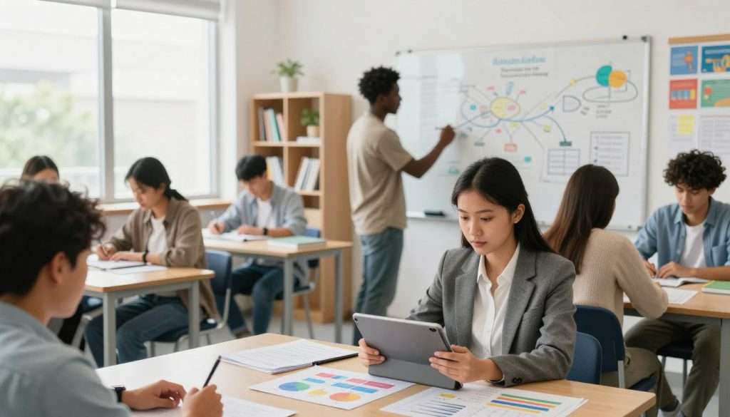 A bright, modern classroom filled with diverse students focused on advanced learning strategies. In the foreground, a female student of Asian descent in professional attire is actively engaged with a tablet, surrounded by colorful charts and diagrams representing learning techniques. In the middle, a male student of African descent collaborates with peers using a whiteboard filled with mind maps and innovative study methods, showcasing teamwork and creativity. The background features large windows letting in natural light, with shelves of books and educational posters, creating an inspiring atmosphere. The image should convey a sense of empowerment, motivation, and progress in learning, captured with a wide-angle lens to emphasize the dynamic environment. A bright, modern classroom filled with diverse students focused on advanced learning strategies. In the foreground, a female student of Asian descent in professional attire is actively engaged with a tablet, surrounded by colorful charts and diagrams representing learning techniques. In the middle, a male student of African descent collaborates with peers using a whiteboard filled with mind maps and innovative study methods, showcasing teamwork and creativity. The background features large windows letting in natural light, with shelves of books and educational posters, creating an inspiring atmosphere. The image should convey a sense of empowerment, motivation, and progress in learning, captured with a wide-angle lens to emphasize the dynamic environment.