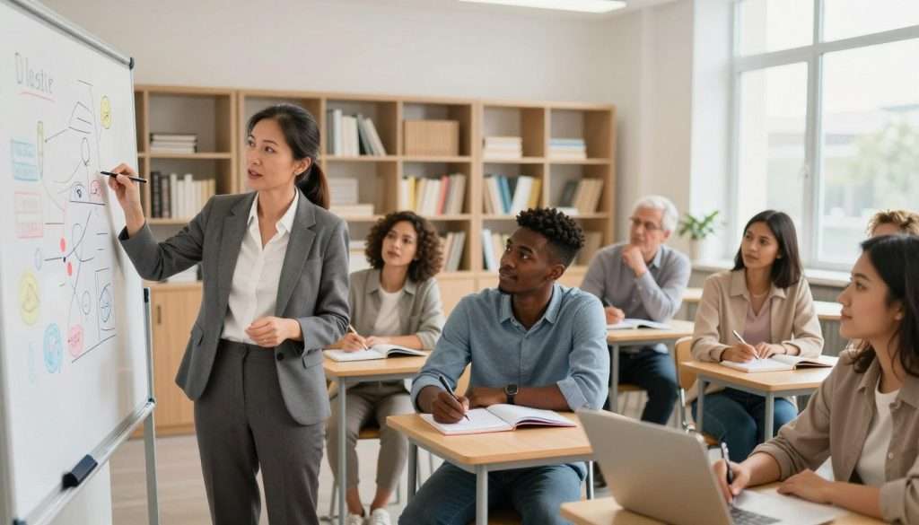 A brightly lit, modern classroom setting filled with a diverse group of enthusiastic adults engaged in learning. In the foreground, a middle-aged Asian woman, dressed in professional business attire, stands by a whiteboard, animatedly explaining a complex concept using colorful diagrams. In the middle of the scene, a young Black man takes notes, while an older Caucasian man nods intently, showcasing the interactive, collaborative atmosphere. The background features shelves filled with books and educational materials, with warm natural light streaming through large windows, creating an inviting and motivational ambiance. The overall mood is inspiring and focused, emphasizing the importance of teaching as a means to learn effectively.