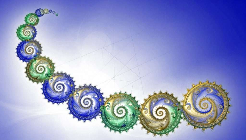 A captivating scene of generative art inspired by mathematical rules, showcasing intricate patterns and vibrant colors. In the foreground, a series of spirals and fractals in dynamic hues of blue, green, and gold, highlighting the elegance of algorithms. The middle ground features intersecting geometric shapes, such as circles and triangles, creating visual tension and harmony, while softly blending into the luminous background. The background is a gradient of deep indigo transitioning to bright white light, evoking a sense of depth and infinity. The overall mood is both inspiring and thought-provoking, inviting viewers to explore the intersection of mathematics and creativity. Soft, diffused lighting enhances the intricate details, and the angle is slightly tilted to suggest movement and fluidity in the artwork.