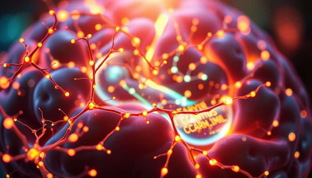 A close-up view of a vibrant brain's neural pathways illuminated with colorful synaptic connections, symbolizing the process of neurogenesis. In the foreground, luminous neural networks pulse with energy, featuring bright, interconnected dendrites and axons that suggest growth and change. The middle layer showcases a stylized representation of brain regions, like the hippocampus, surrounded by glowing particles to indicate active neuroplasticity. The background is a softly blurred abstract depiction of a serene brain landscape, featuring calming blues and greens to evoke a sense of tranquility and introspection. Use warm, subtle lighting to create depth, with a slight lens flare effect to highlight the vibrancy of the neural activity, capturing a mood of hope and transformation. The angle should be slightly elevated for a dynamic perspective.