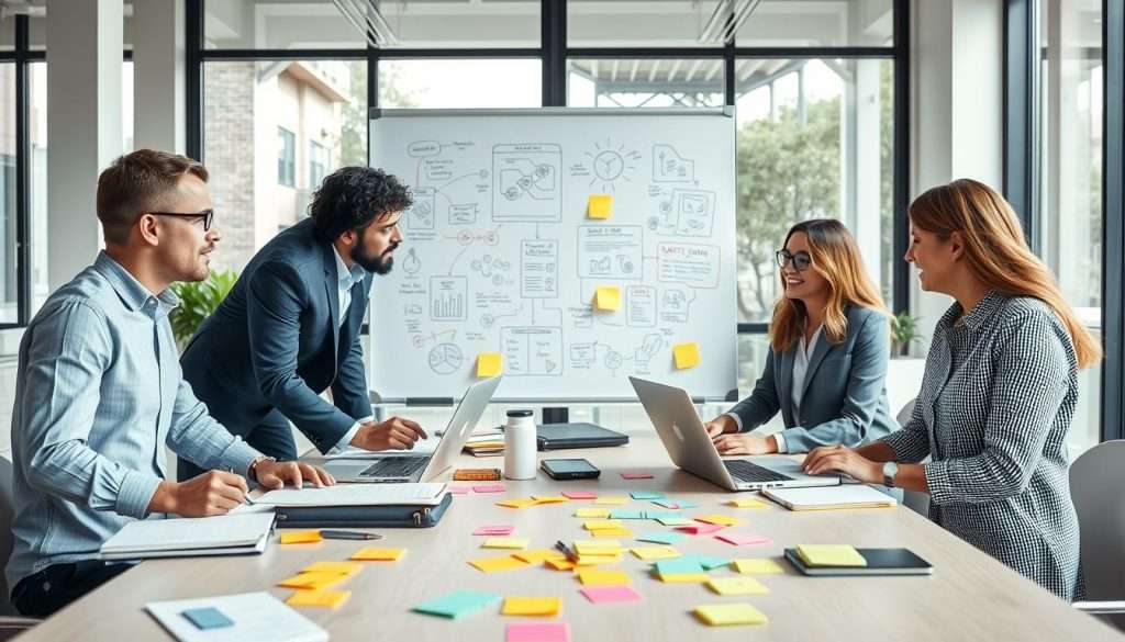 A collaborative learning environment set in a bright, modern office space. In the foreground, a diverse group of four professionals—two men and two women—engaged in a lively discussion around a large table covered with notebooks, laptops, and colorful sticky notes. Each person is dressed in professional business attire, showcasing their enthusiasm for learning. The middle ground features a whiteboard filled with diagrams and ideas, illustrating concepts of social learning strategies like brainstorming and peer feedback. In the background, large windows allow natural light to flood the room, enhancing the atmosphere of creativity and teamwork. The scene conveys a mood of inspiration and productivity, emphasizing the power of collaborative learning. Soft focus on the background adds depth while keeping the main group in sharp detail.