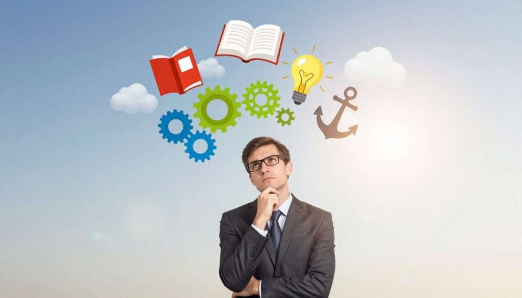 A conceptual collage illustrating the theme of making abstract concepts concrete. In the foreground, a professional-looking person in business attire is immersed in thought, surrounded by floating visual metaphors such as gears (representing problem-solving) and a light bulb (representing ideas). In the middle ground, vibrant icons like a book, a roadmap, and an anchor emerge, symbolizing knowledge, guidance, and stability, interspersed with clouds that hint at abstract thinking. The background features a soft gradient blending from blue to white, evoking clarity and focus, illuminated by gentle, natural light that reflects a hopeful atmosphere. Capture this scene from a slightly elevated angle to provide depth, emphasizing creativity and understanding in learning.