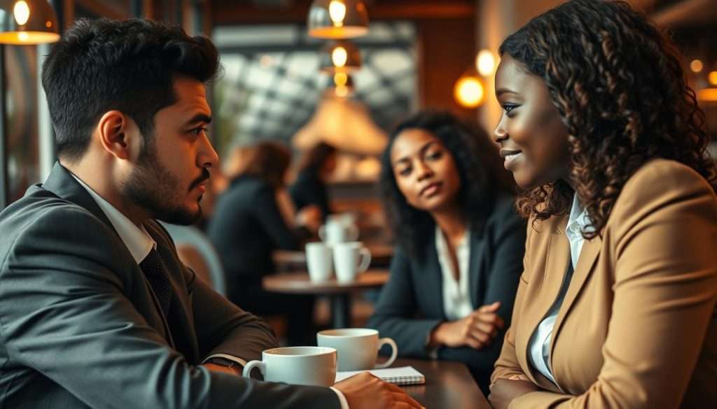 A cozy and warmly lit café interior, featuring two diverse individuals in professional business attire engaged in a deep conversation. The close-up foreground captures their expressive faces, illustrating focus and empathy as they practice active listening. One person leans slightly forward, making eye contact, while the other nods attentively. In the middle, a small table holds coffee cups and a notepad, emphasizing a relaxed, inviting atmosphere. The background showcases soft blurred images of other patrons, enhancing the idea of a vibrant yet intimate setting. The overall mood is one of connection and understanding, with warm lighting casting gentle shadows, creating an atmosphere conducive to meaningful dialogue. A cozy and warmly lit café interior, featuring two diverse individuals in professional business attire engaged in a deep conversation. The close-up foreground captures their expressive faces, illustrating focus and empathy as they practice active listening. One person leans slightly forward, making eye contact, while the other nods attentively. In the middle, a small table holds coffee cups and a notepad, emphasizing a relaxed, inviting atmosphere. The background showcases soft blurred images of other patrons, enhancing the idea of a vibrant yet intimate setting. The overall mood is one of connection and understanding, with warm lighting casting gentle shadows, creating an atmosphere conducive to meaningful dialogue.