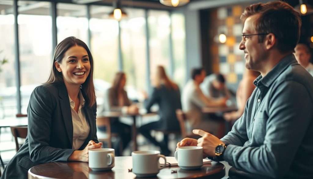 A cozy coffee shop setting with two individuals engaged in a deep conversation, showcasing essential active listening techniques. In the foreground, a woman in professional business attire, leaning slightly forward with a warm smile, demonstrating engagement. Beside her, a man in modest casual clothing, nodding attentively, indicating understanding. The middle area features a table with coffee mugs and notepads, symbolizing preparation for discussion. The background is softly blurred, capturing a lively atmosphere with other patrons in low-key conversations. Warm, natural lighting filters through large windows, creating an inviting ambiance, and a slight depth of field draws attention to the two central figures. The mood is focused yet relaxed, emphasizing connection and communication. A cozy coffee shop setting with two individuals engaged in a deep conversation, showcasing essential active listening techniques. In the foreground, a woman in professional business attire, leaning slightly forward with a warm smile, demonstrating engagement. Beside her, a man in modest casual clothing, nodding attentively, indicating understanding. The middle area features a table with coffee mugs and notepads, symbolizing preparation for discussion. The background is softly blurred, capturing a lively atmosphere with other patrons in low-key conversations. Warm, natural lighting filters through large windows, creating an inviting ambiance, and a slight depth of field draws attention to the two central figures. The mood is focused yet relaxed, emphasizing connection and communication.