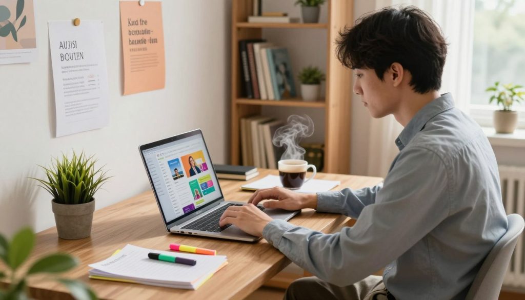 A cozy home study environment featuring a focused individual engaged in online learning. In the foreground, a young adult in professional casual attire sits at a modern wooden desk, using a laptop with vibrant educational resources open on the screen. Surrounding them are scattered notes, colorful highlighters, and a steaming cup of coffee, suggesting an intense study session. In the middle ground, a small potted plant and motivational posters add a touch of personalization to the workspace. The background reveals a well-lit room with shelves filled with books and educational materials, illuminated by soft, natural light streaming through a nearby window. The atmosphere is inspiring and productive, evoking a sense of dedication to mastering new concepts through effective solo study techniques.