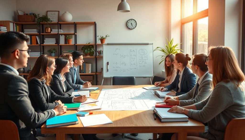 A cozy, modern classroom setting bathed in warm, natural light streaming through large windows. In the foreground, a diverse group of individuals, dressed in professional business attire, intensely collaborates around a large wooden table filled with colorful math books, notepads, and a whiteboard filled with equations and diagrams. In the middle, a confident teacher stands, pointing at a complex math problem on the board, guiding the group with a supportive demeanor. The background features shelves lined with educational resources and plants that add a vibrant touch to the atmosphere. The scene evokes a sense of focus and determination as the group tackles challenges together, embodying the spirit of systematic problem-solving in mathematics. A cozy, modern classroom setting bathed in warm, natural light streaming through large windows. In the foreground, a diverse group of individuals, dressed in professional business attire, intensely collaborates around a large wooden table filled with colorful math books, notepads, and a whiteboard filled with equations and diagrams. In the middle, a confident teacher stands, pointing at a complex math problem on the board, guiding the group with a supportive demeanor. The background features shelves lined with educational resources and plants that add a vibrant touch to the atmosphere. The scene evokes a sense of focus and determination as the group tackles challenges together, embodying the spirit of systematic problem-solving in mathematics.
