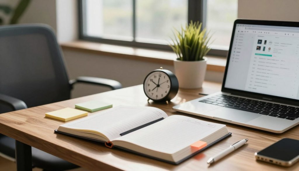 A cozy, modern workspace scene featuring a wooden desk with a neatly organized planner open to a time-blocking schedule, colorful sticky notes, and a classic Pomodoro timer prominently displayed. In the foreground, a laptop with tabs open showcasing productivity apps. The middle ground includes a comfortable office chair and a potted plant to add a touch of greenery. In the background, sunlight filters through a large window, casting soft shadows and illuminating the space warmly. The atmosphere is calm and focused, evoking a sense of productivity and clarity. The image conveys the essence of time management and efficiency, with a contemporary aesthetic.