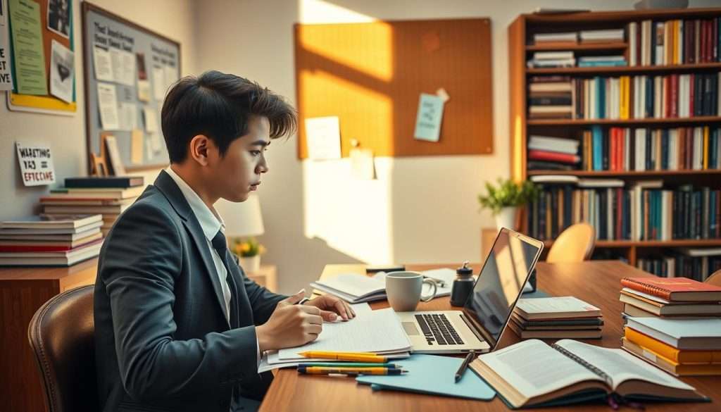 A cozy study environment showcasing effective study techniques. In the foreground, a young student with neatly styled hair, wearing professional business attire, is focused on an open laptop surrounded by colorful notebooks and highlighters. The middle ground features a wooden desk cluttered with textbooks, a coffee mug, and a wall-mounted bulletin board filled with study schedules and motivational quotes. In the background, warm daylight streams through a window, creating a soft glow, while a bookshelf filled with well-organized books hints at a pursuit of knowledge. The atmosphere is calm and inspiring, emphasizing productivity and concentration, captured from a slightly elevated angle to enhance the depth and focus on the study materials.