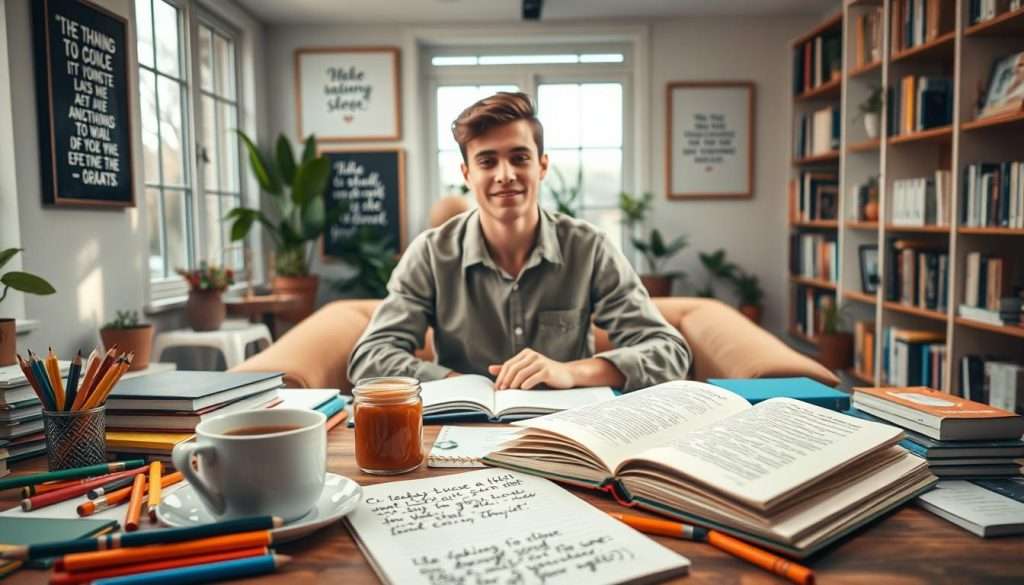 A cozy study scene designed to evoke study motivation and enthusiasm. In the foreground, a desk cluttered with colorful stationery, an open notebook filled with handwritten notes, and a steaming cup of coffee. Mid-ground features a focused young adult in modest, casual clothing, seated comfortably with an engaging expression, surrounded by motivational quotes framed on the wall. The background reveals large windows allowing natural light to stream in, illuminating potted plants and bookshelves lined with inspiring literature. The atmosphere is warm and inviting, radiating positivity and encouragement. Soft lighting emphasizes the dedication and joy of learning, captured from a slight angle to highlight the details. The overall mood is uplifting and energizing, perfect for inspiring a love of study.