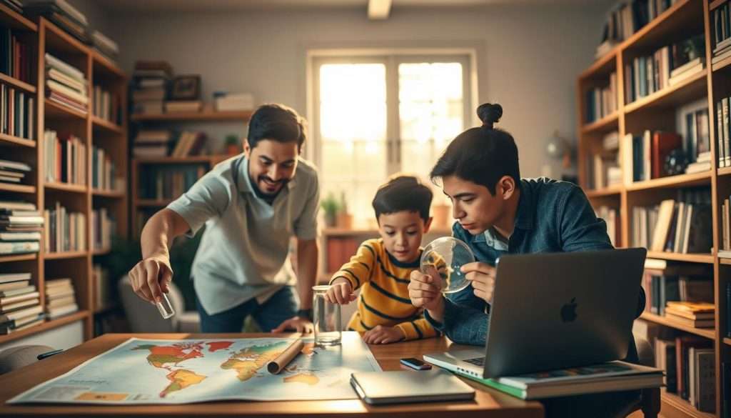 A cozy, well-lit study room filled with books and materials that foster curiosity and inspiration. In the foreground, a diverse group of three individuals—two adults and a child—engaged in an interactive learning session. One adult is pointing at a colorful map on a table, while the child excitedly holds a magnifying glass, exploring a science experiment. The other adult is seated nearby, taking notes on a laptop, embodying focused learning. The middle ground showcases a large window letting in warm sunlight, illuminating the space and creating an inviting atmosphere. In the background, shelves are stocked with books and learning tools, reflecting the wealth of knowledge. The mood is vibrant and engaging, emphasizing the joy of discovery and personalized learning strategies. Soft, natural lighting enhances a sense of warmth and inspiration. A cozy, well-lit study room filled with books and materials that foster curiosity and inspiration. In the foreground, a diverse group of three individuals—two adults and a child—engaged in an interactive learning session. One adult is pointing at a colorful map on a table, while the child excitedly holds a magnifying glass, exploring a science experiment. The other adult is seated nearby, taking notes on a laptop, embodying focused learning. The middle ground showcases a large window letting in warm sunlight, illuminating the space and creating an inviting atmosphere. In the background, shelves are stocked with books and learning tools, reflecting the wealth of knowledge. The mood is vibrant and engaging, emphasizing the joy of discovery and personalized learning strategies. Soft, natural lighting enhances a sense of warmth and inspiration.