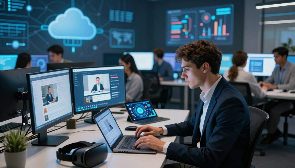 A digital learning platform scene featuring a diverse group of professionals engaged in online learning. In the foreground, a focused individual in business attire is seated at a sleek laptop, surrounded by digital tools like tablets and virtual reality headsets. The middle ground showcases a modern, well-lit workspace filled with vibrant screens displaying interactive courses and educational graphics. In the background, abstract representations of cloud computing, network connections, and digital resources create an engaging atmosphere. Soft ambient lighting enhances the technological vibe, while a slight depth of field blurs the background, emphasizing the foreground action. The overall mood is innovative, inspiring, and focused on personal development through technology.