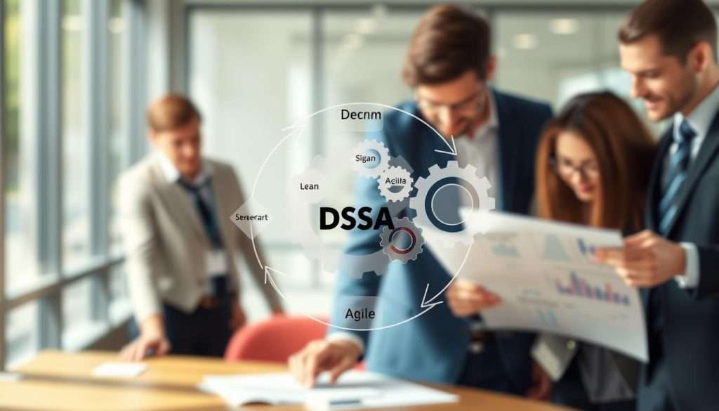 A dynamic and visually appealing process improvement framework illustrating the integration of the Deming-Shewhart Cycle with various methodologies. In the foreground, prominently feature a circular cycle diagram representing the Plan-Do-Study-Act (PDSA) framework, with arrows showing continuous improvement. In the middle, overlay abstract representations of other methodologies like Lean, Six Sigma, and Agile, depicted as interconnected gears, symbolizing synergy. The background should have a blurred office environment, emphasizing a professional atmosphere with people in business attire collaborating over charts and documents. Use bright, natural lighting with a soft focus to convey optimism and inspiration, and angle the scene slightly from above to capture the collaboration aspect.