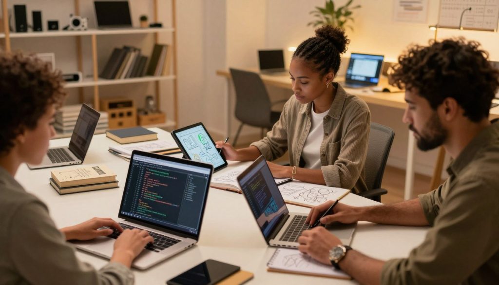 A dynamic composition that embodies versatility in skills, featuring a diverse group of people engaged in various activities. In the foreground, a woman in professional attire is coding on a laptop, while a man beside her sketches ideas on a notepad. The middle section showcases another individual using a tablet to create digital art, surrounded by books and scientific diagrams. The background is filled with a modern workspace, with shelves of technology gadgets and diverse learning materials. Warm, ambient lighting casts a soft glow over the scene, highlighting the collaborative atmosphere. A subtle lens blur adds depth, focusing attention on the individuals and their creative interplay, evoking a sense of innovation and exploration in the journey toward becoming a polymath.
