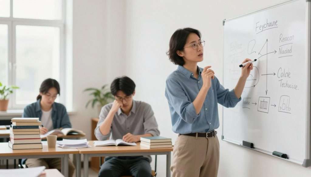 A dynamic illustration comparing the Feynman Technique with traditional learning methods. In the foreground, depict a thoughtful business professional in smart casual attire, demonstrating the Feynman Technique with a clear, engaging expression while holding a whiteboard marker, explaining concepts on a whiteboard filled with diagrams and simplified concepts. In the middle ground, show contrasting learning methods, like a stack of textbooks and a person studying passively, surrounded by notes, conveying confusion and complexity. The background should feature a bright, well-lit classroom environment with soft natural light filtering in through large windows, enhancing a mood of clarity and focus. Use a wide-angle lens to emphasize the contrast between effective learning strategies. The overall atmosphere should evoke inspiration and insight into the simplicity of understanding complex ideas.