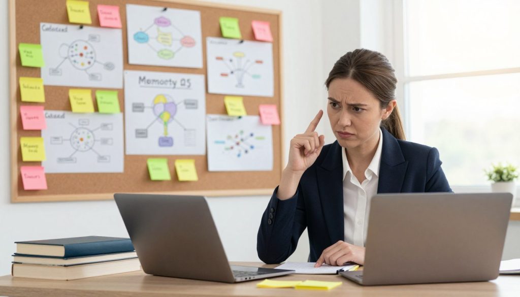 A focused individual, a woman in professional attire, sits at a wooden desk covered with colorful sticky notes, books on memory techniques, and a laptop, as she engages in a memory training exercise. In the foreground, her expression is one of concentration, with her eyebrows slightly furrowed, symbolizing active thought. The middle ground features a large corkboard filled with mind maps, diagrams, and motivational quotes about memory enhancement, conveying a sense of organization and purpose. In the background, a bright window lets in warm, natural light, enhancing the inviting atmosphere. The overall mood is motivational and encouraging, emphasizing the practicality of memory training in everyday life. The composition is well-balanced, shot from a slightly elevated angle to capture both the subject and the inspiring workspace around her.