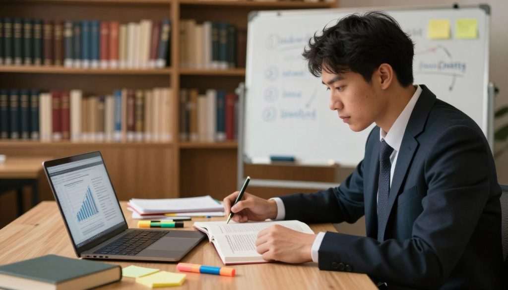 A focused individual in business attire sits at a well-organized desk, deeply engaged in an advanced learning exercise with open textbooks and a laptop displaying graphs and notes. The foreground highlights the person's determined expression, emphasizing concentration and dedication. In the middle, there are tools of learning—sticky notes, highlighters, and a whiteboard scribbled with strategies for improvement. The background features a softly lit library setting with bookshelves lined with well-worn books, creating an atmosphere of knowledge and growth. The lighting is warm and inviting, with a soft focus on the surroundings to keep the attention on the subject. The overall mood conveys inspiration, motivation, and the essence of deliberate practice as a pathway to mastery. A focused individual in business attire sits at a well-organized desk, deeply engaged in an advanced learning exercise with open textbooks and a laptop displaying graphs and notes. The foreground highlights the person's determined expression, emphasizing concentration and dedication. In the middle, there are tools of learning—sticky notes, highlighters, and a whiteboard scribbled with strategies for improvement. The background features a softly lit library setting with bookshelves lined with well-worn books, creating an atmosphere of knowledge and growth. The lighting is warm and inviting, with a soft focus on the surroundings to keep the attention on the subject. The overall mood conveys inspiration, motivation, and the essence of deliberate practice as a pathway to mastery.