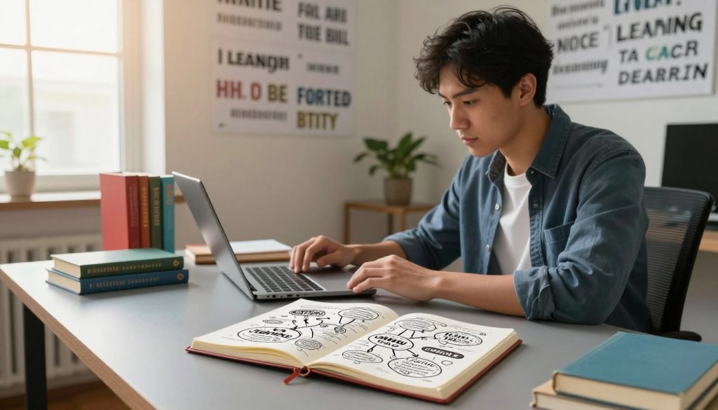 A focused individual sitting at a sleek, modern desk surrounded by colorful books and digital devices, deeply engaged in learning. In the foreground, a notebook filled with handwritten notes and mind maps, illustrating complex ideas. The middle layer features a wall filled with inspirational quotes about learning, while a light spills in from a large window, casting a warm glow, enhancing the atmosphere of growth and determination. In the background, a small plant symbolizes resilience. The setting conveys a professional yet cozy environment, inspiring motivation and hope. The overall mood is one of triumph over challenges, highlighting the journey of mastering learning skills and overcoming plateaus in a visually engaging manner. The image is captured from a slight angle to provide depth.