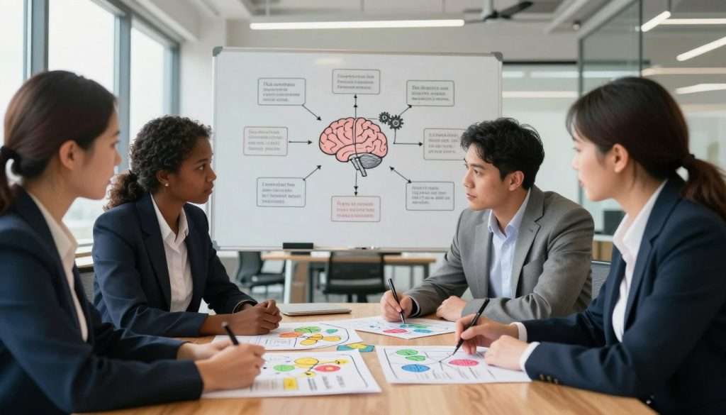 A focused, professional scene illustrating advanced memory techniques. In the foreground, depict a diverse group of three people, a man and two women, engaged in discussion, using colorful mind maps and diagrams spread on a polished wooden table. Each is dressed in professional business attire, displaying expressions of concentration and insight. In the middle ground, highlight a large whiteboard filled with interconnected ideas and mnemonic illustrations, showcasing symbols like a brain and gears. The background features a bright, well-lit modern office space with large windows, letting in natural sunlight. The atmosphere should feel innovative and inspiring, embodying a spirit of learning and growth. Use soft, ambient lighting to enhance the focus on the participants and their materials.