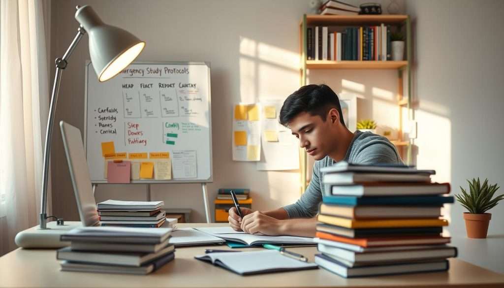 A focused student sitting at a neat desk piled with organized study materials, including textbooks, notebooks, and a laptop. The foreground features a glowing desk lamp casting warm light, creating an inviting atmosphere as the student writes notes. In the middle ground, there's a whiteboard with emergency study protocols and a colorful calendar highlighting crucial deadlines. In the background, a cozy bookshelf filled with motivational books and potted plants adds a touch of serenity. The mood is one of resilience, showcasing a proactive approach to overcoming study challenges. Natural light streams in from a nearby window, contrasting with the warm desk lamp, creating a balanced lighting effect. The overall feel is calming yet determined, portraying effective study habits in action.