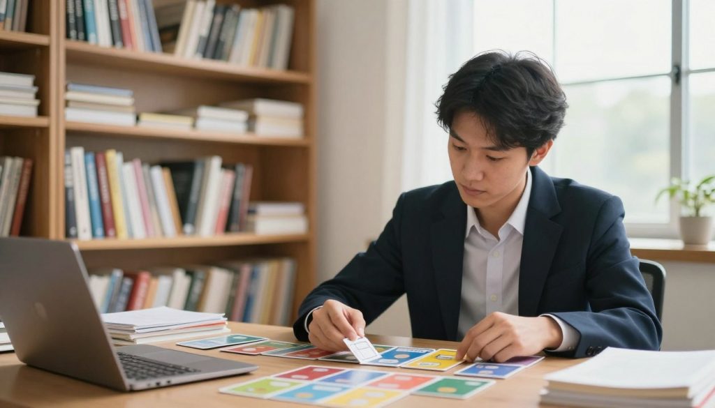 A focused study scene depicting an individual engaged in active recall techniques. In the foreground, a person in professional attire is sitting at a desk surrounded by colorful flashcards, actively quizzing themselves. Their expression is one of concentration and determination. In the middle ground, a well-organized bookshelf filled with educational materials is visible, emphasizing a knowledge-rich environment. The background features a large window with natural light pouring in, creating a warm and inviting atmosphere. The lighting is soft yet bright, enhancing the idea of focused learning. The overall mood reflects productivity and motivation, with a blend of serenity and intellectual vigor, highlighting the essence of effective learning through self-testing.