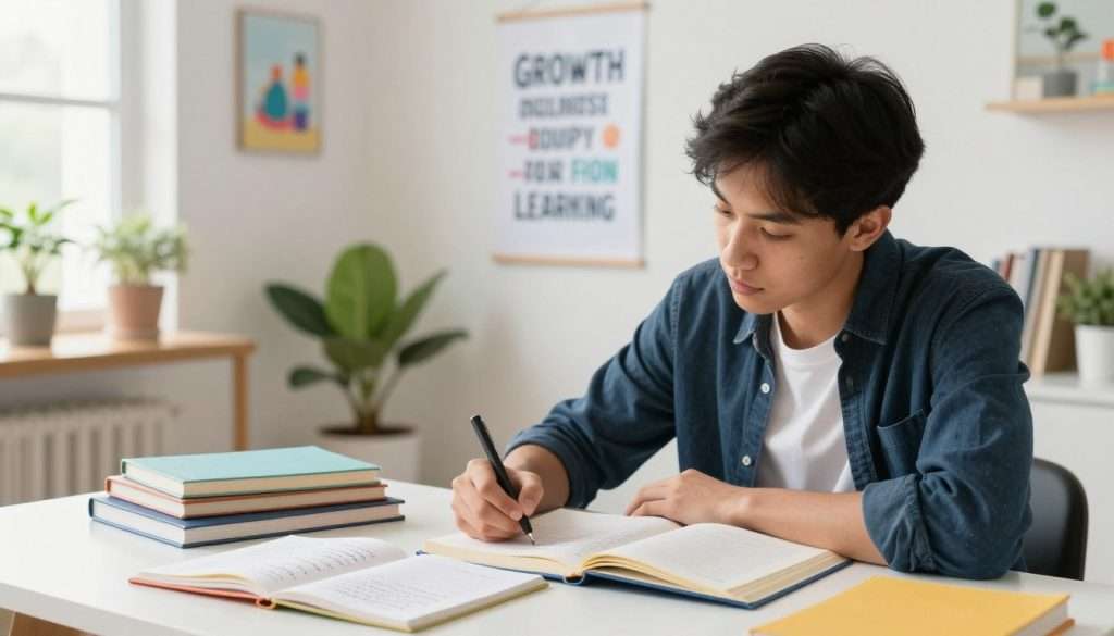 A focused young student sitting at a modern, organized desk, surrounded by open books and colorful notebooks filled with handwritten notes. The foreground features the student, dressed in smart casual attire, with a look of determination and curiosity on their face as they write in a journal. In the middle, a motivational poster on the wall highlights concepts of growth and learning. The background shows a bright, sunlit room with plants and inspiring art, creating a warm atmosphere that fosters creativity. Soft, natural lighting enhances the inviting mood, emphasizing the journey of academic improvement. The scene is captured from a slightly elevated angle to create depth, immersing the viewer in a space of learning and motivation. A focused young student sitting at a modern, organized desk, surrounded by open books and colorful notebooks filled with handwritten notes. The foreground features the student, dressed in smart casual attire, with a look of determination and curiosity on their face as they write in a journal. In the middle, a motivational poster on the wall highlights concepts of growth and learning. The background shows a bright, sunlit room with plants and inspiring art, creating a warm atmosphere that fosters creativity. Soft, natural lighting enhances the inviting mood, emphasizing the journey of academic improvement. The scene is captured from a slightly elevated angle to create depth, immersing the viewer in a space of learning and motivation.