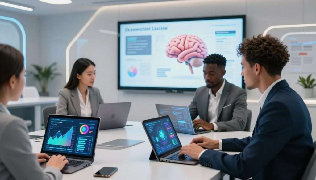 A futuristic classroom setting featuring a diverse group of three learners, including one woman of Asian descent and two men of African descent, all dressed in professional business attire. The foreground showcases interactive AI-powered devices like tablet screens displaying vibrant graphs and holographic interfaces featuring educational content. In the middle ground, a large, sleek digital whiteboard presents visually engaging information and a 3D model of a brain symbolizing accelerated learning. The background includes futuristic furniture and soft, ambient lighting that creates an inviting atmosphere. Use a wide-angle lens to capture the dynamic learning environment, emphasizing collaboration and engagement while maintaining a bright, optimistic mood. A futuristic classroom setting featuring a diverse group of three learners, including one woman of Asian descent and two men of African descent, all dressed in professional business attire. The foreground showcases interactive AI-powered devices like tablet screens displaying vibrant graphs and holographic interfaces featuring educational content. In the middle ground, a large, sleek digital whiteboard presents visually engaging information and a 3D model of a brain symbolizing accelerated learning. The background includes futuristic furniture and soft, ambient lighting that creates an inviting atmosphere. Use a wide-angle lens to capture the dynamic learning environment, emphasizing collaboration and engagement while maintaining a bright, optimistic mood.