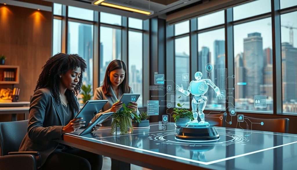 A futuristic classroom setting, focusing on the concept of "AI education techniques" through spaced repetition. In the foreground, a diverse group of three professionals, including a Black woman and an Asian man, engaged in a collaborative study session with advanced digital tablets displaying interactive learning modules. The middle ground showcases a sleek, modern desk with lush greenery, and a holographic AI assistant projecting learning data around them. In the background, large windows illuminate the room with warm, natural light, revealing a cityscape, filled with skyscrapers. The mood is innovative and inspiring, emphasizing the synergy between technology and education. Use a wide-angle lens to capture the entire scene and create an inviting atmosphere of learning and collaboration. A futuristic classroom setting, focusing on the concept of "AI education techniques" through spaced repetition. In the foreground, a diverse group of three professionals, including a Black woman and an Asian man, engaged in a collaborative study session with advanced digital tablets displaying interactive learning modules. The middle ground showcases a sleek, modern desk with lush greenery, and a holographic AI assistant projecting learning data around them. In the background, large windows illuminate the room with warm, natural light, revealing a cityscape, filled with skyscrapers. The mood is innovative and inspiring, emphasizing the synergy between technology and education. Use a wide-angle lens to capture the entire scene and create an inviting atmosphere of learning and collaboration.