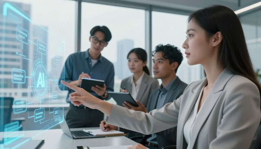 A futuristic office setting with a diverse group of professionals engaged in a brainstorming session about AI learning strategies. In the foreground, a woman in a smart business outfit is pointing at a holographic display showcasing flowcharts and strategies for learning from AI. In the middle, two individuals are discussing while taking notes on digital tablets, showcasing active engagement. The background features a large window with a view of a modern city skyline, hinting at innovation. Soft, natural lighting filters through the window, creating a bright, motivating atmosphere. The lens perspective is slightly angled upwards to emphasize collaboration and excitement about learning, conveying an optimistic mood focused on growth and improvement.