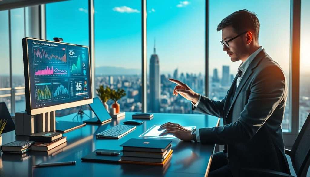 A futuristic workspace featuring a sleek, modern desk with a computer displaying vibrant data visualizations and a glowing holographic interface labeled "Practical Application Generator." In the foreground, a focused professional in smart business attire is interacting with the hologram, their fingers poised above the glowing screen. The middle ground shows books and tools related to AI and innovation, organized neatly. The background offers a panoramic window view of a city skyline under a bright blue sky, with soft natural light flooding the room. The atmosphere is energetic and inspiring, evoking a sense of creativity and technological advancement, with a balance of color that enhances the scene's professionalism and ambition. A futuristic workspace featuring a sleek, modern desk with a computer displaying vibrant data visualizations and a glowing holographic interface labeled "Practical Application Generator." In the foreground, a focused professional in smart business attire is interacting with the hologram, their fingers poised above the glowing screen. The middle ground shows books and tools related to AI and innovation, organized neatly. The background offers a panoramic window view of a city skyline under a bright blue sky, with soft natural light flooding the room. The atmosphere is energetic and inspiring, evoking a sense of creativity and technological advancement, with a balance of color that enhances the scene's professionalism and ambition.