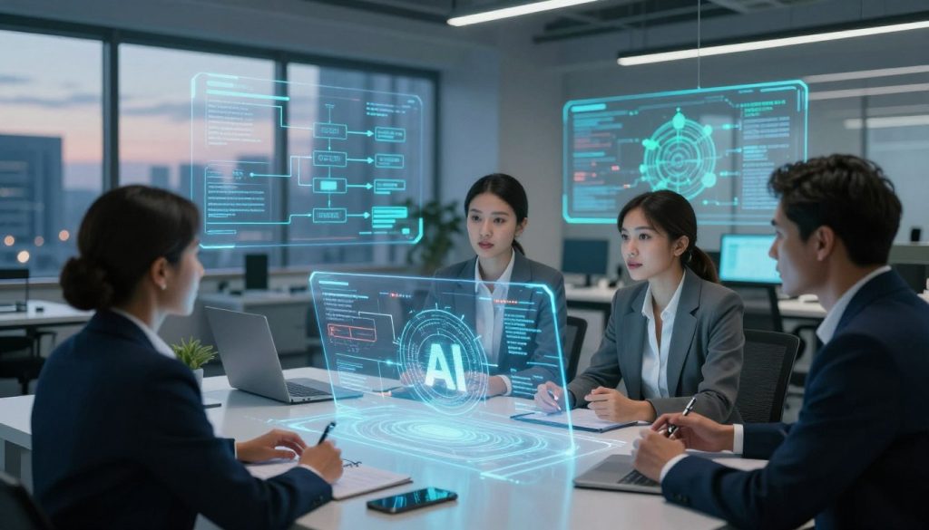 A futuristic workspace showcasing AI learning techniques in action. In the foreground, a diverse group of three professionals—two women and one man—are engaged in a dynamic discussion, wearing professional business attire, surrounding a holographic interface displaying complex algorithms and data visualizations. The middle layer features sleek, transparent screens showing flowcharts and AI models, illuminated with soft blue and green lights to suggest a high-tech environment. In the background, a modern office with large windows reveals a cityscape at dusk, casting an ambient glow. The overall atmosphere conveys innovation, collaboration, and the empowerment of learning through technology, emphasizing a sense of curiosity and exploration designed to engage the viewer.