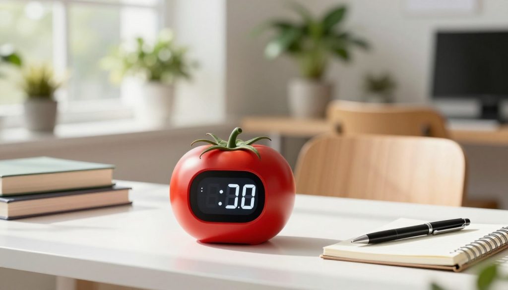 A modern Pomodoro Technique timer placed prominently in the foreground, designed to resemble a sleek, red tomato with a digital display. The timer is shown in an elegant workspace setting with a clean white desk adorned with a stack of books, a notepad, and a stylish pen, symbolizing productivity. In the middle ground, a light wooden chair is positioned beside the desk. The background features a softly blurred view of a bright office space filled with lush green plants, conveying a sense of calm and focus. Natural daylight filters in through a large window, casting gentle shadows, enhancing the serene atmosphere ideal for concentration. The overall mood is motivational and organized, inspiring effective time management and efficiency.