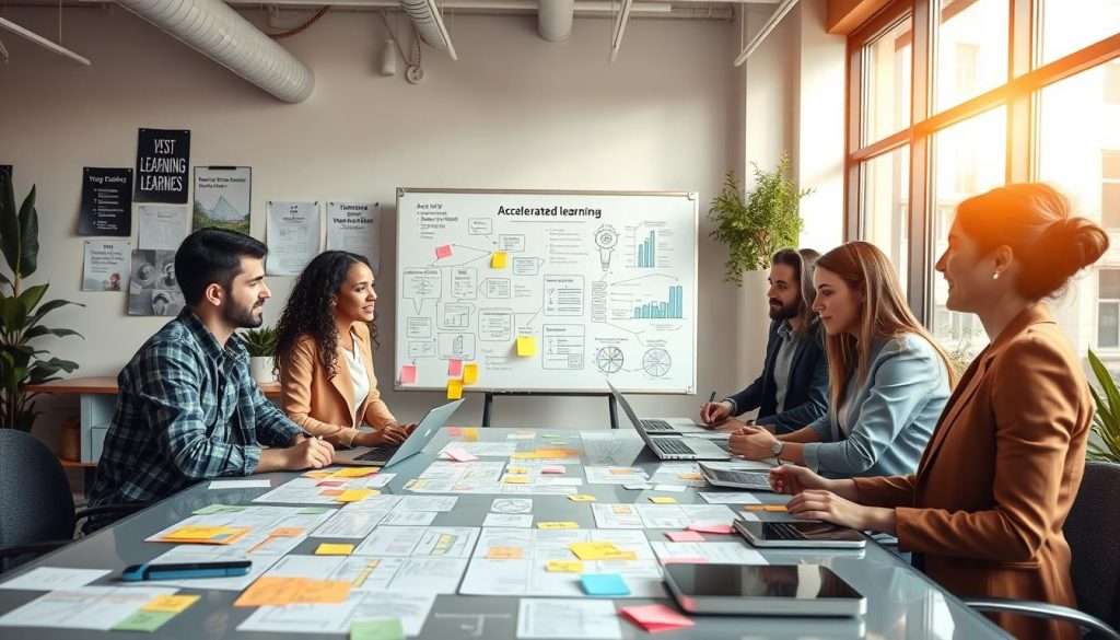 A modern, dynamic workspace showcasing accelerated learning techniques. In the foreground, a diverse group of four professionals, dressed in smart casual and professional business attire, are engaged around a high-tech table filled with colorful mind maps, sticky notes, and digital devices. The middle ground features a whiteboard filled with diagrams and charts illustrating key learning concepts. In the background, large windows let in natural light, creating a bright and inspiring atmosphere. The room is decorated with plants and motivational posters. The overall mood is energetic and collaborative, emphasizing creativity and productivity. Use warm lighting and a slightly elevated angle to capture the cohesive dynamics of the scene. A modern, dynamic workspace showcasing accelerated learning techniques. In the foreground, a diverse group of four professionals, dressed in smart casual and professional business attire, are engaged around a high-tech table filled with colorful mind maps, sticky notes, and digital devices. The middle ground features a whiteboard filled with diagrams and charts illustrating key learning concepts. In the background, large windows let in natural light, creating a bright and inspiring atmosphere. The room is decorated with plants and motivational posters. The overall mood is energetic and collaborative, emphasizing creativity and productivity. Use warm lighting and a slightly elevated angle to capture the cohesive dynamics of the scene.