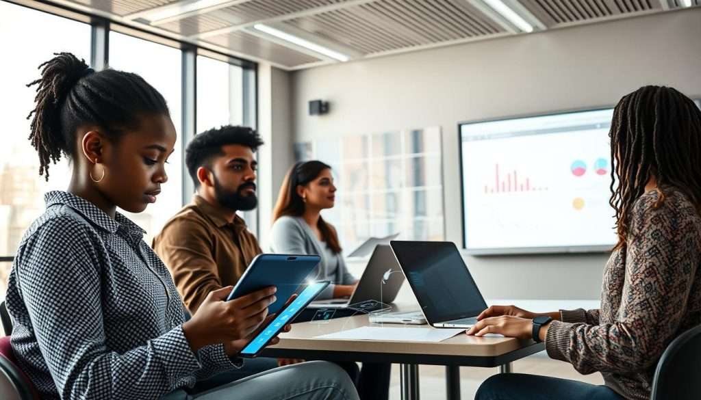 A modern, high-tech classroom setting where a diverse group of students is engaged in personalized learning with the help of AI technology. In the foreground, a Black female student is using a tablet with a holographic display showcasing customized learning pathways. To her left, a South Asian male student collaborates with an AI assistant projected from his laptop, reflecting light onto his thoughtful expression. The middle ground features a teacher, a Hispanic woman, interacting with an interactive whiteboard displaying data analytics about student progress. The background highlights a sleek, futuristic classroom design with large windows illuminating the scene with natural light, creating an inspiring and optimistic atmosphere. The composition is dynamic, with a slightly elevated angle to capture the engaging learning environment.