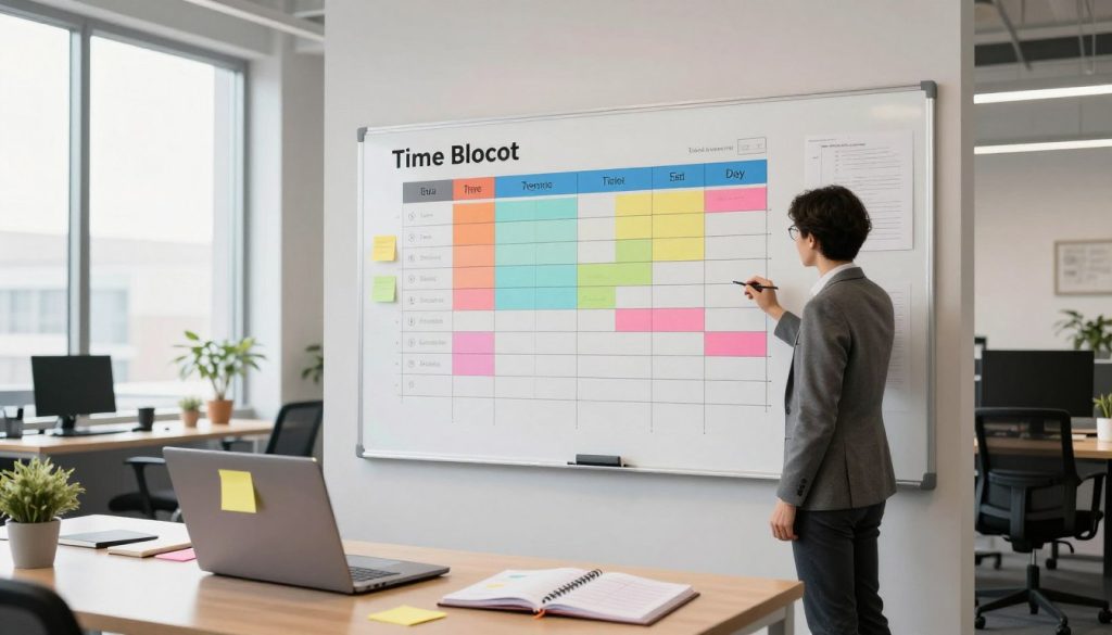 A modern office workspace featuring a time-blocking system on a sleek whiteboard. In the foreground, an organized desk with a laptop, colorful sticky notes, and a planner open to a detailed schedule. The middle layer shows a large whiteboard filled with colorful time blocks and categories labeled for different tasks, providing a clear visual layout. In the background, a large window allows natural light to flood the room, illuminating the space with a bright, airy feel. The atmosphere is focused and productive, emphasizing concentration and time management. The lighting is soft, creating a warm yet professional environment. Include a figure in business attire standing beside the whiteboard, actively reviewing the time-blocking plan, embodying determination and focus. A modern office workspace featuring a time-blocking system on a sleek whiteboard. In the foreground, an organized desk with a laptop, colorful sticky notes, and a planner open to a detailed schedule. The middle layer shows a large whiteboard filled with colorful time blocks and categories labeled for different tasks, providing a clear visual layout. In the background, a large window allows natural light to flood the room, illuminating the space with a bright, airy feel. The atmosphere is focused and productive, emphasizing concentration and time management. The lighting is soft, creating a warm yet professional environment. Include a figure in business attire standing beside the whiteboard, actively reviewing the time-blocking plan, embodying determination and focus.