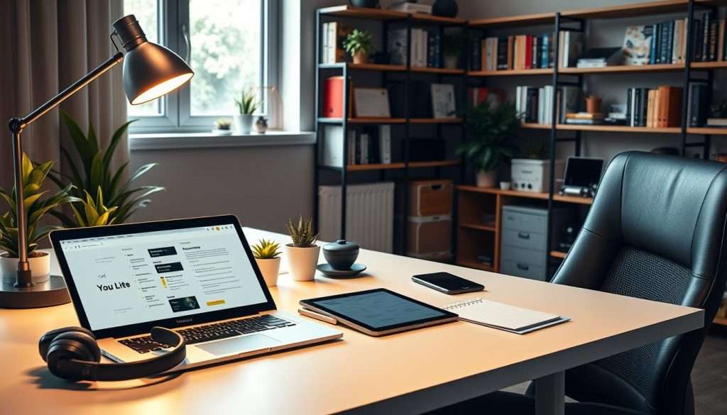 A modern study space filled with essential technology tools for enhancing study efficiency. In the foreground, a sleek, ergonomic desk with a high-performance laptop open, displaying a productivity app. Next to it, a tablet showcases digital notes and task lists, while noise-canceling headphones rest nearby. The middle section features a soft leather chair, potted plants for a refreshing touch, and a stylish desk lamp casting warm light. In the background, a wall-mounted bookshelf filled with educational books and tech gadgets complements the scene. The composition is well-lit, with natural light streaming in from a window, creating an inspiring and productive atmosphere. The mood is focused and innovative, reflecting a blend of modern technology and a calm study environment.